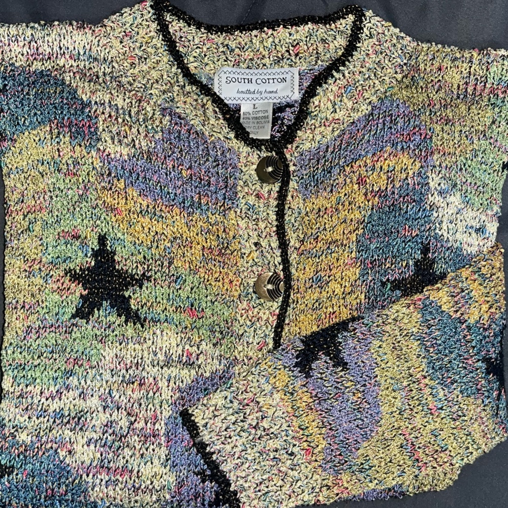 Vintage 90’s South Cotton Hand Knit Cardigan Sweater Heavy Multi Color Knit - Picture 6 of 12